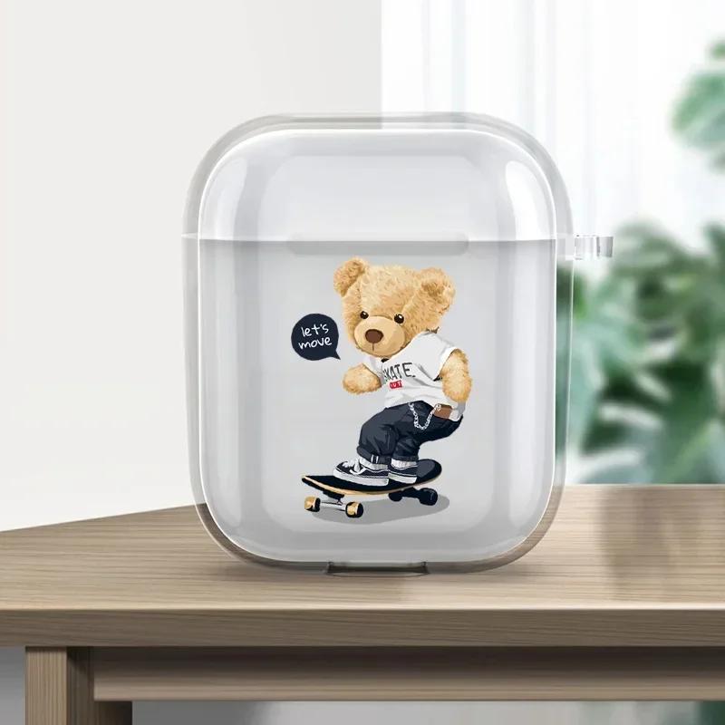 Teddy Bear Earphone Case For Apple AirPods 4 3 2 1 Clear Protective Funny Cartoon Animal Transparent Cover For AirPods Pro2 Case