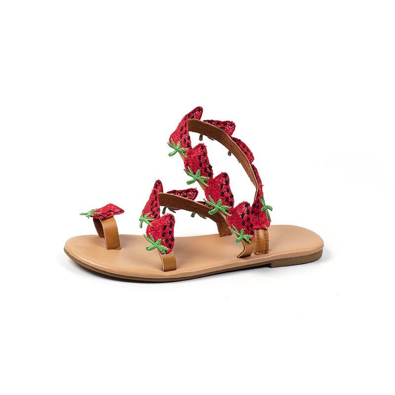 

Сандалии на плоской подошве с рисунком из мультфильма «Клубника» в стиле бохо для женщин, новые пляжные тапочки 43 земляничный