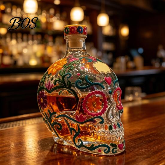 Floral Skull Design Decanter Gothic Decanter, Hand Painted Glass Liquor Bottle with Stained Design, 3D Carved Wine Dispenser for Home Bar, Halloween