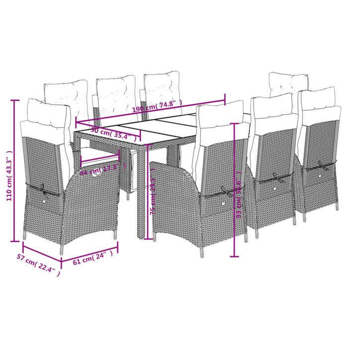 VidaXL Ensemble à Manger de Jardin avec Coussins 9 pcs, Table et Chaises avec Dossier Réglable, Meubles d'Extérieur, 3213325