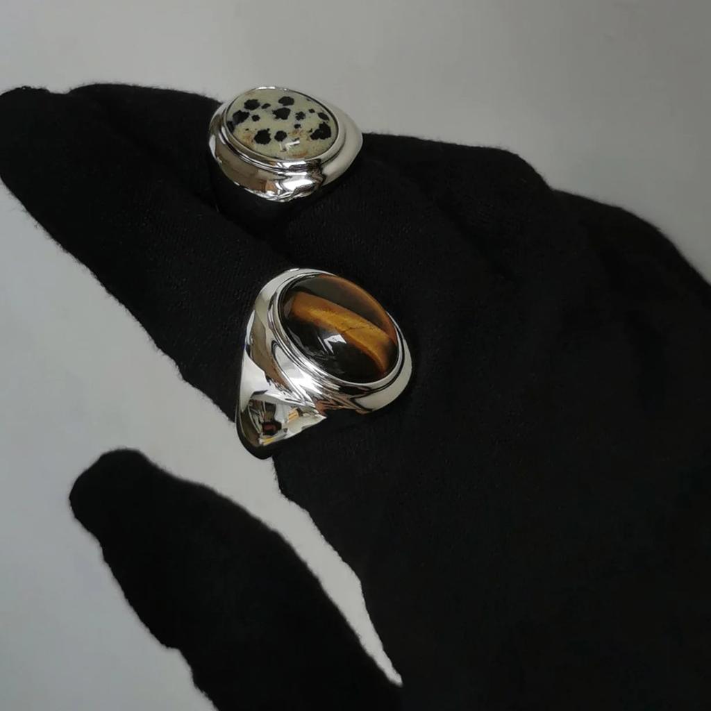 Premium Metal Copper Platinum Plated Tiger Eye Agate Spotted Stone Ring Personality And Temperament Unique Ring Women