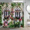 Rustic Landscape Shower Curtain Forest Waterfall Chinese Moon Door Flowers Plant Nature Scenery Polyester Bathroom Curtain Decor