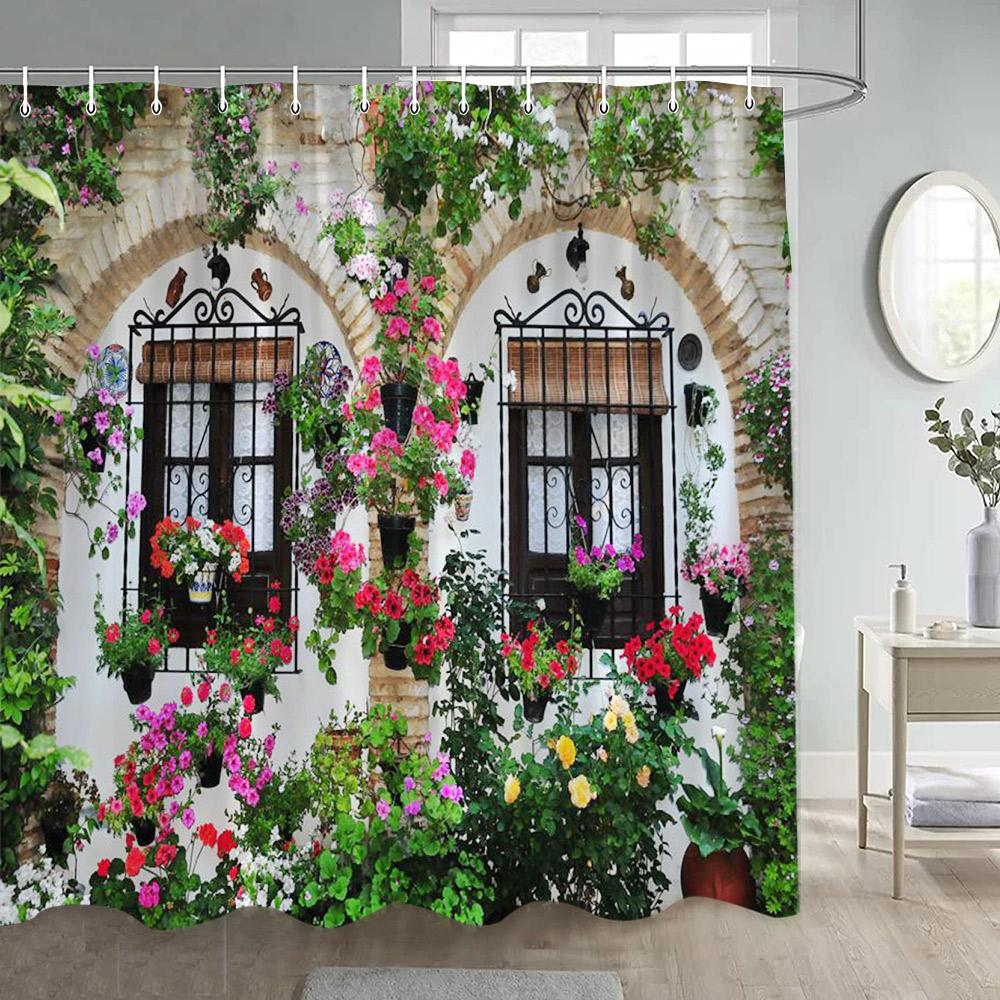 Rustic Landscape Shower Curtain Forest Waterfall Chinese Moon Door Flowers Plant Nature Scenery Polyester Bathroom Curtain Decor