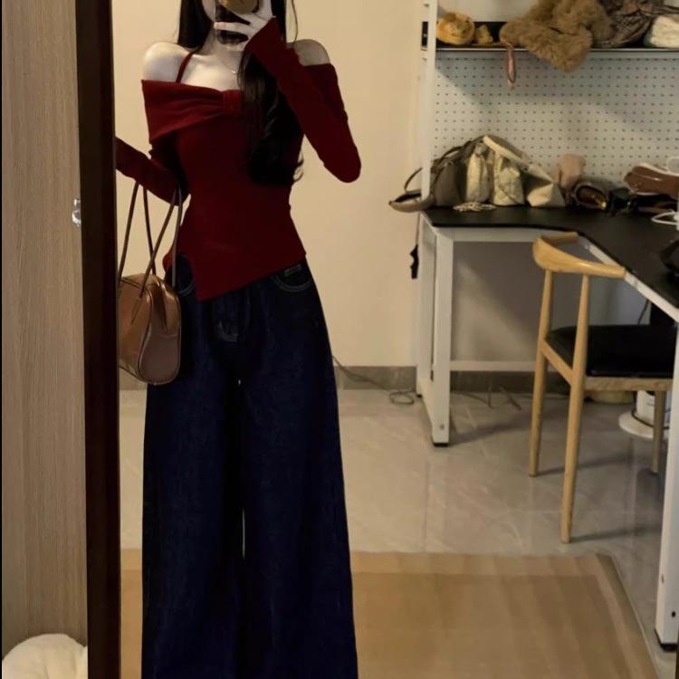 Elegant Red One-Shoulder Bow Long-Sleeve Women's Slim Fit Top - Perfect for Autumn/Winter