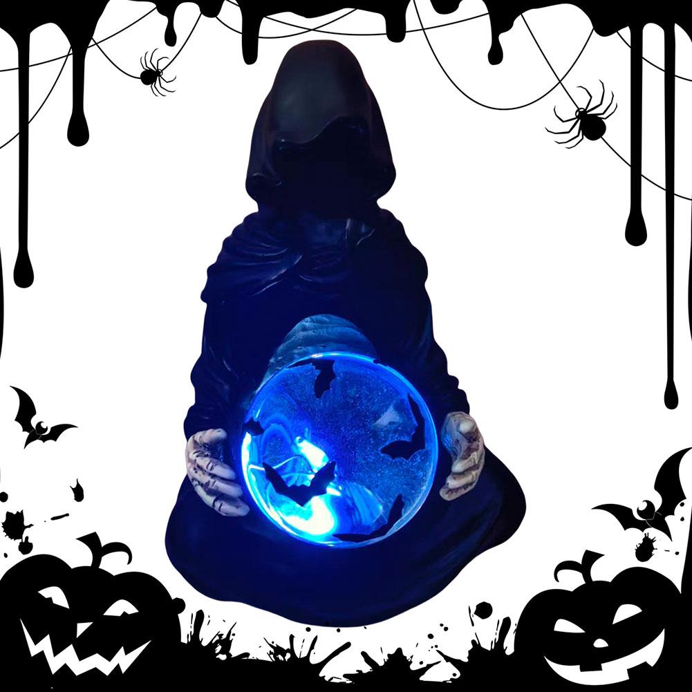 The Death Gods Crystal Ball Halloween Grim Reaper Statue with Flying Bats Crystal Ball Gothic Figurine Halloween Home Decor