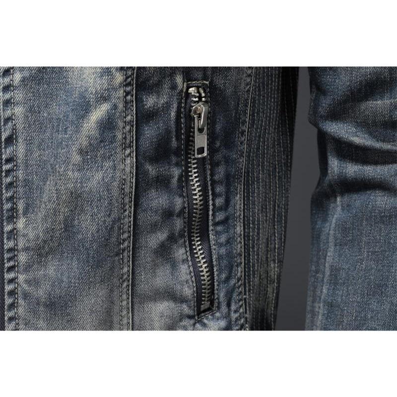 High End Men's Denim Jacket Casual Retro Big Size Stand Collar Zipper Biker Motorcycle Coat