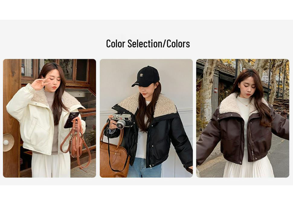 Women's Winter Lambswool Lapel Leather Jacket - Thick, Warm, College Style, Wash-Free Cotton.