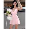 Fashion Style Lace Ribbon V Neck Tether Halterneck Dress Female Sexy Backless Slim Fit A- Line One Step Short Skirt