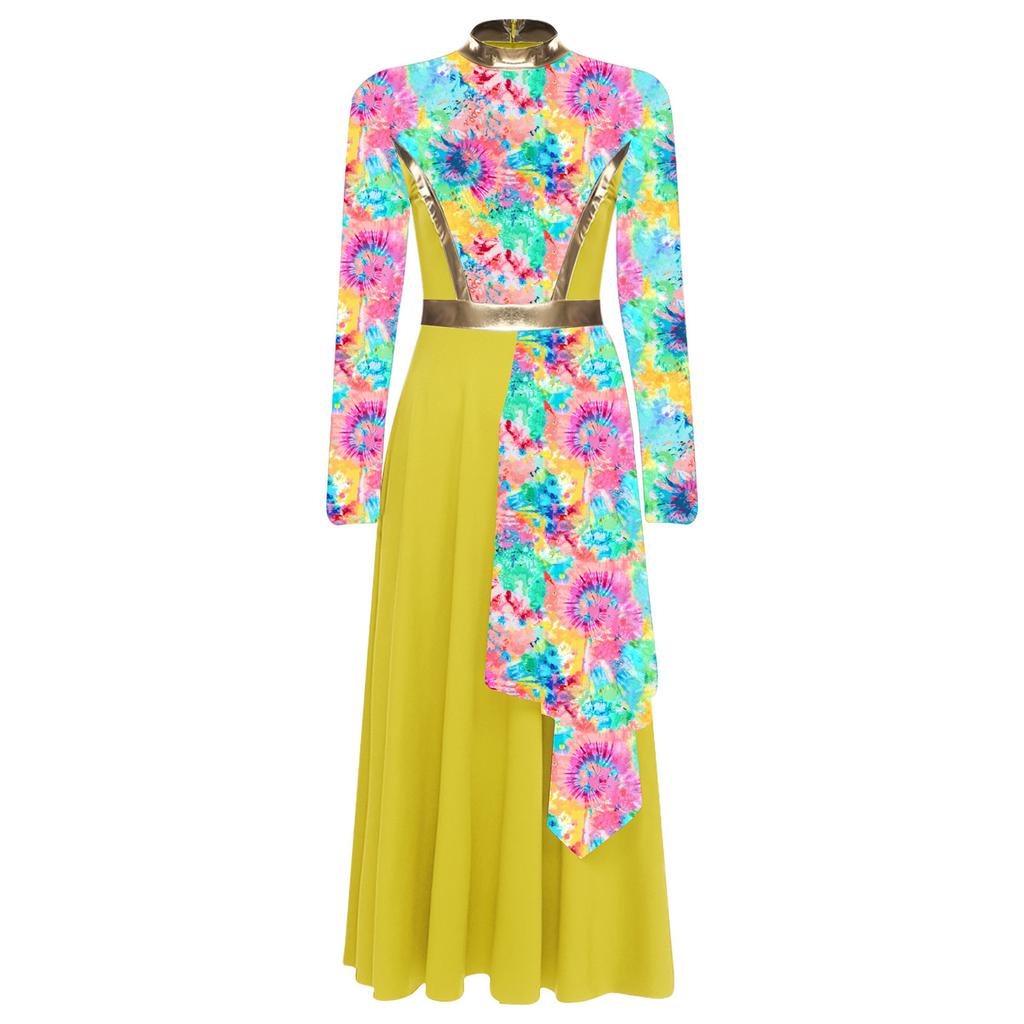 Womens Praise Dance Dress Mock Neck Long Sleeve Tunic Design High Waist Asymmetrical Hem Lyrical Costume