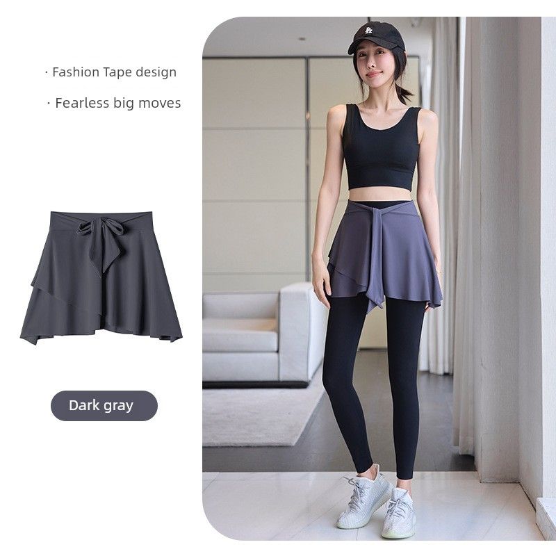 

Solid Lace-up Skirts Yoga Pants Covering Skirt Sports Fitness Lower Body Anti-Embarrassment Shark Pants Thigh-length Skirt Cover Dark Gray L