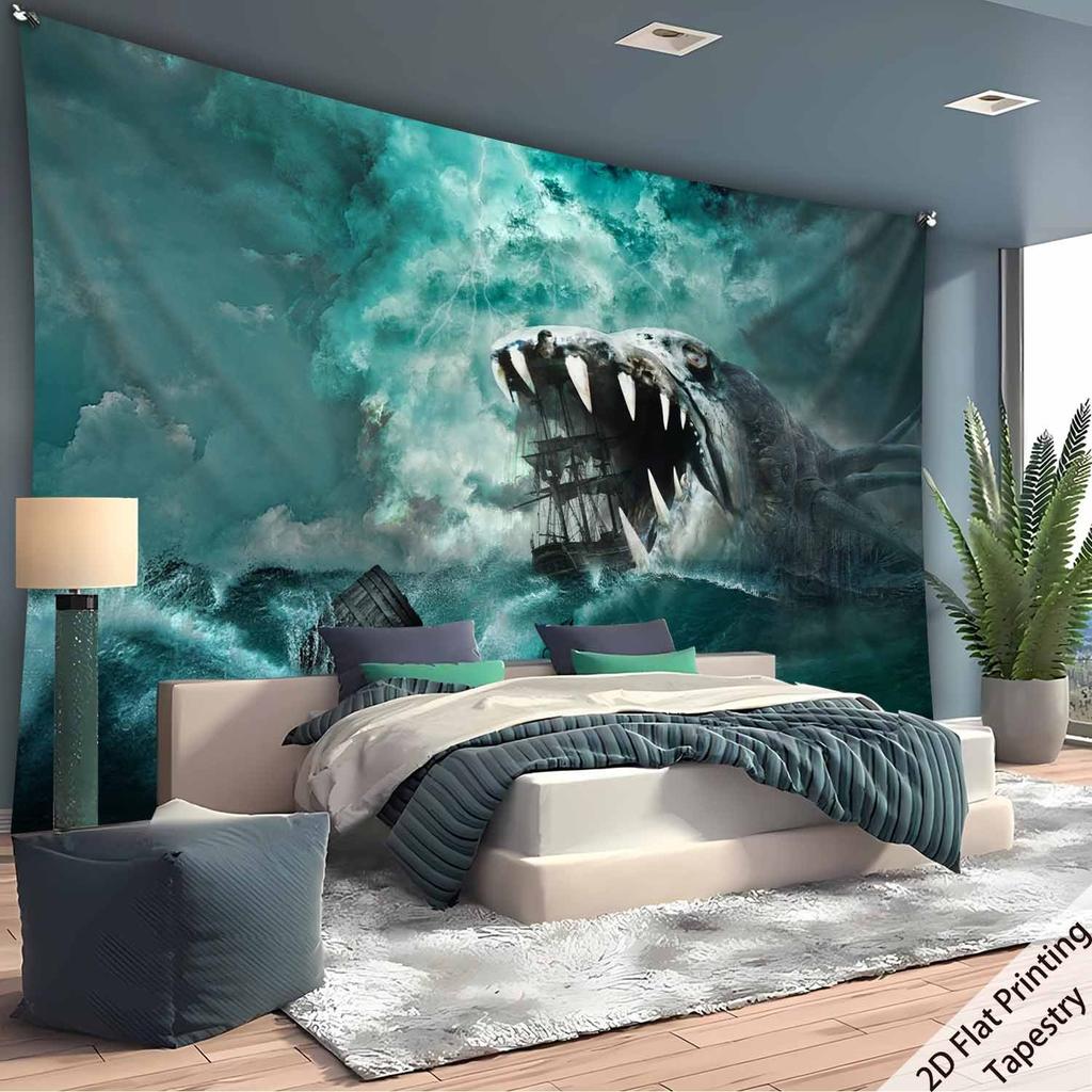 Sea Monster and Ship Theme Digital Printing Polyester Wall Tapestry Suitable for Use In Living Rooms Bedrooms Offices Bars Party