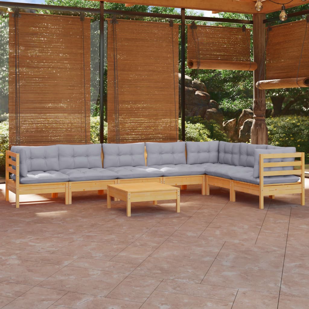 8 piece garden lounge set with grey cushions solid pine wood