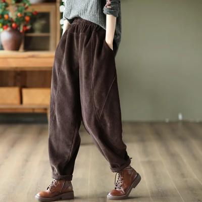 Vintage Ankle-length Jogger Fashion Trousers  Pants Casual High Waist Women Corduroy Baggy Harem Plus Size