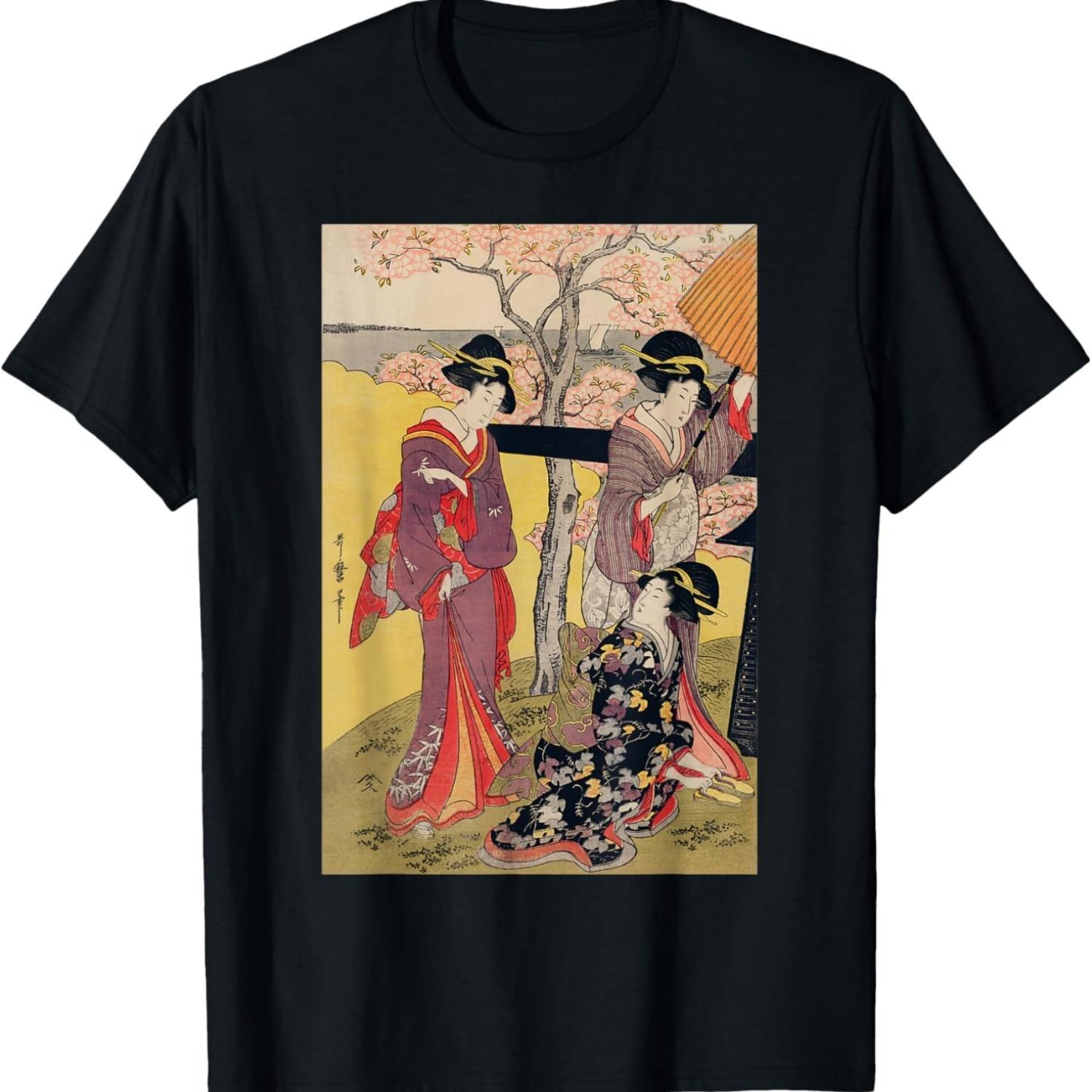 Vintage  Art  Women Viewing Cherry Blossoms T-Shirt S чёрный