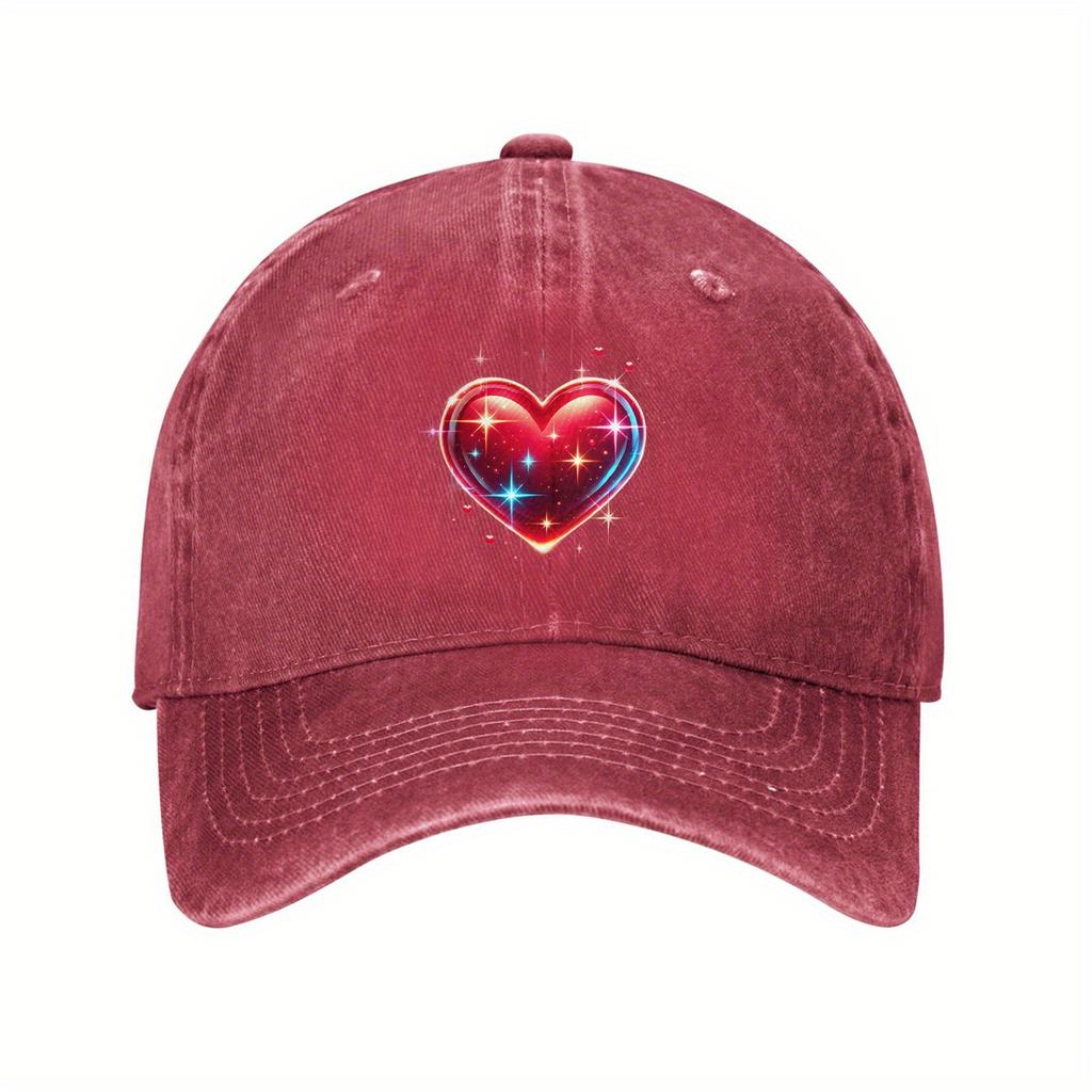 Sparkling Heart Print Baseball Cap Vintage Washed Polyester Adjustable Casual Outdoor Headwear Unisex