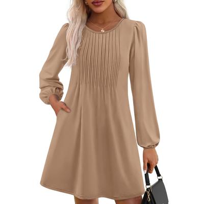 Women's Solid Color Casual Fashion Long Sleeved Round Neck Dress
