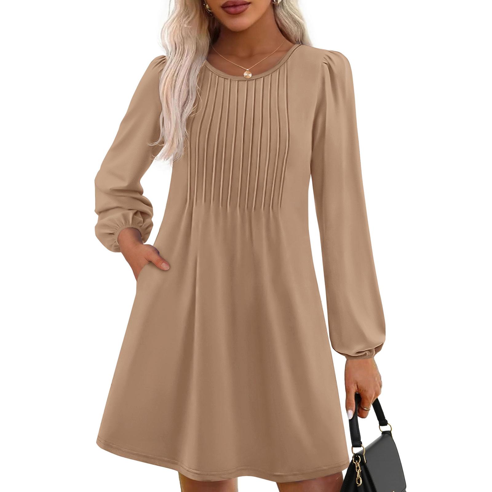

Women s Solid Color Casual Fashion Long Sleeved Round Neck Dress S хаки