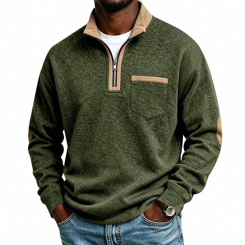 Men S Half Zip Stand Collar Sweatshirt Long Sleeve Loose Casual Top With Color Block Patch Pocket