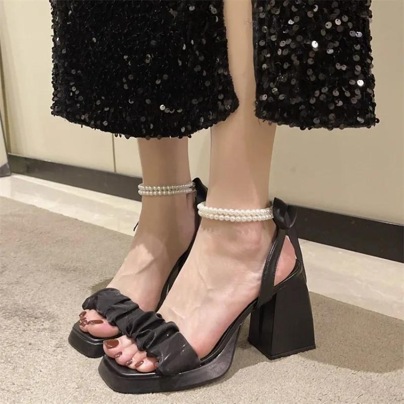 New Women Sandals High Heels Casual Shoes Women's Open Toe Summer Square Female Ankle Strap Low Heels Sandals Women