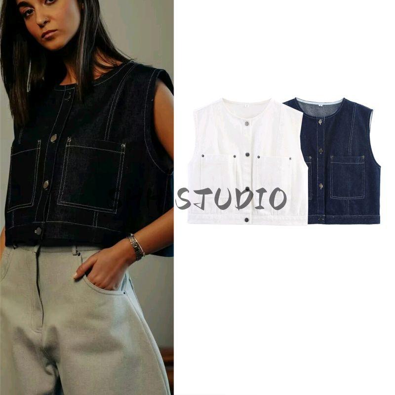 Summer New Women clothes French style Minimalist round Neck Sleeveless Single-Breasted Short Denim Vest Vest Top