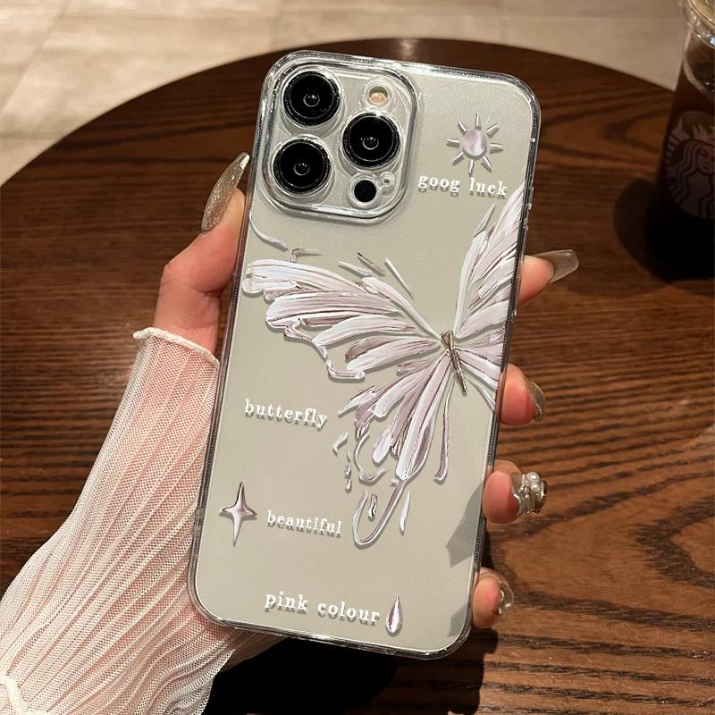 Oil Painting Butterfly Clear TPU Phone Case For IPhone 15 14 13 12 11 Pro Max X XR XS 8 7 Plus, Shockproof Protective Cover