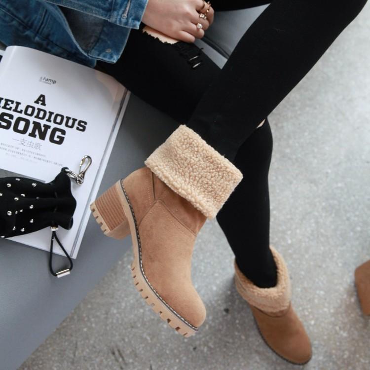 Wish Hot Sale Large Size Martin Boots Women's Coarse Heel Medium Heel Sleeve Medium Boots Lamb Fleece Warm Two Wear Cotton Boots