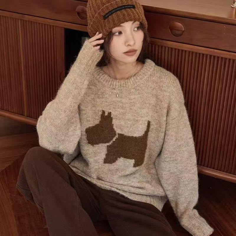Pulover tricotat larg vintage Toamnă Iarnă 2026 Gât rotund Croșetat Model Câine Confortabil Supradimensionat Pulover