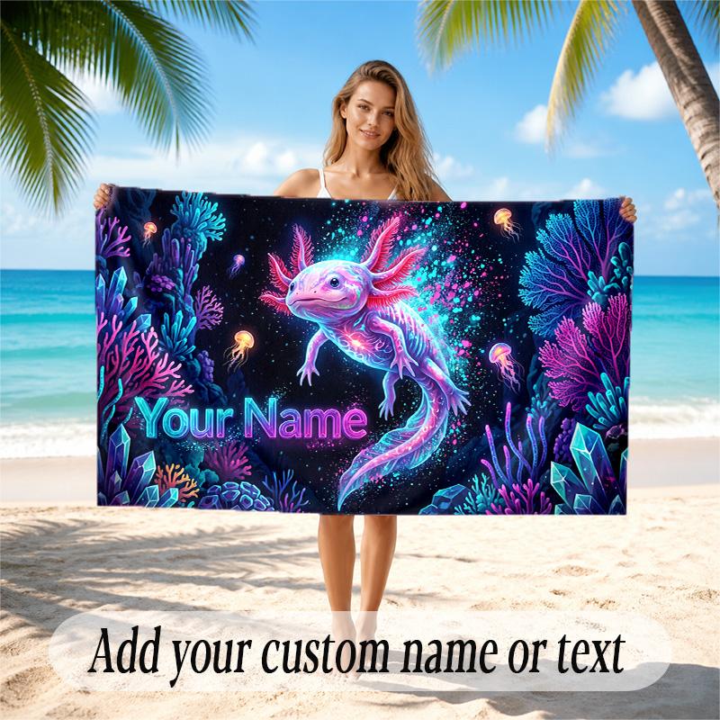 Axolotl Theme Quick Dry Beach Towel Custom Name Text Print Large Sand Resistant Towel Beach Vacation