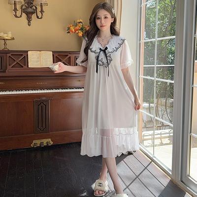 Linglei Summer Solid Color Lace Bow Mesh Court Princess Style Long Nightdress Pajamas Loungewear Women