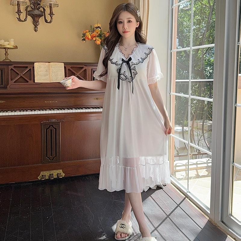 Linglei Summer Solid Color Lace Bow Mesh Court Princess Style Long Nightdress Pajamas Loungewear Women