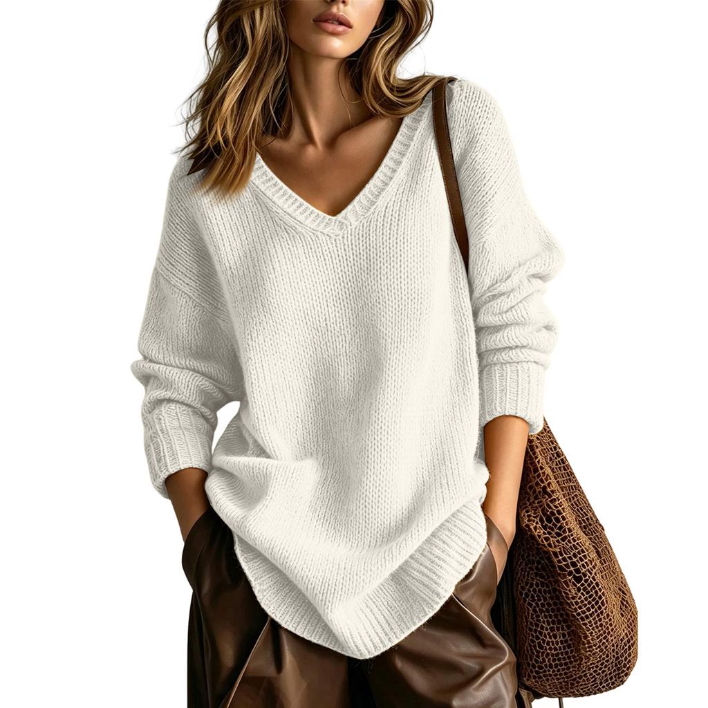 Women's Cozy V-Neck Knit Sweater Loose Fit Slimming Pullover Top
