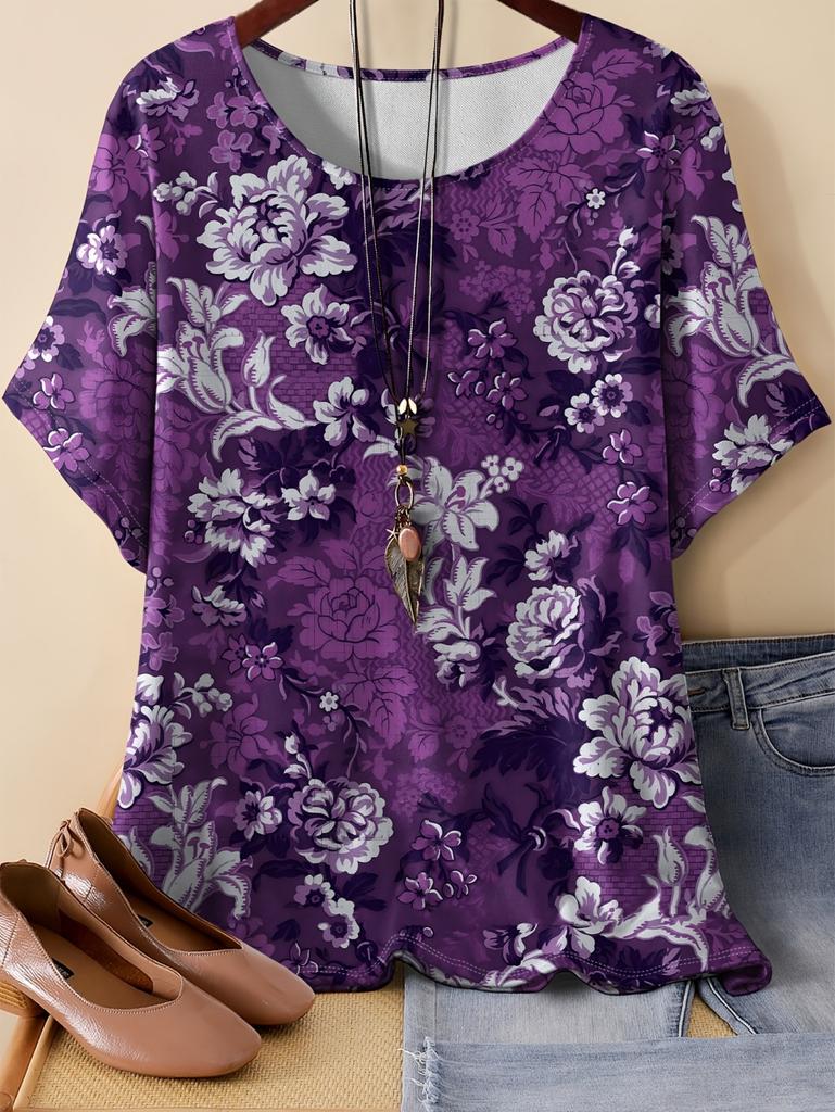 2026 Women's Casual Loose Fit T-Shirt Floral Print Short Sleeve Round Neck Top Tees Plus Size Summer Tops Flower Woman Clothing