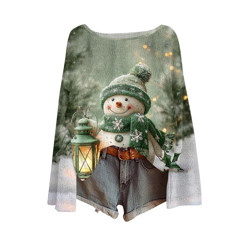 Women's Fashion Christmas Print Lightweight Sweater Casual Long-Sleeve Knit Pullover Top