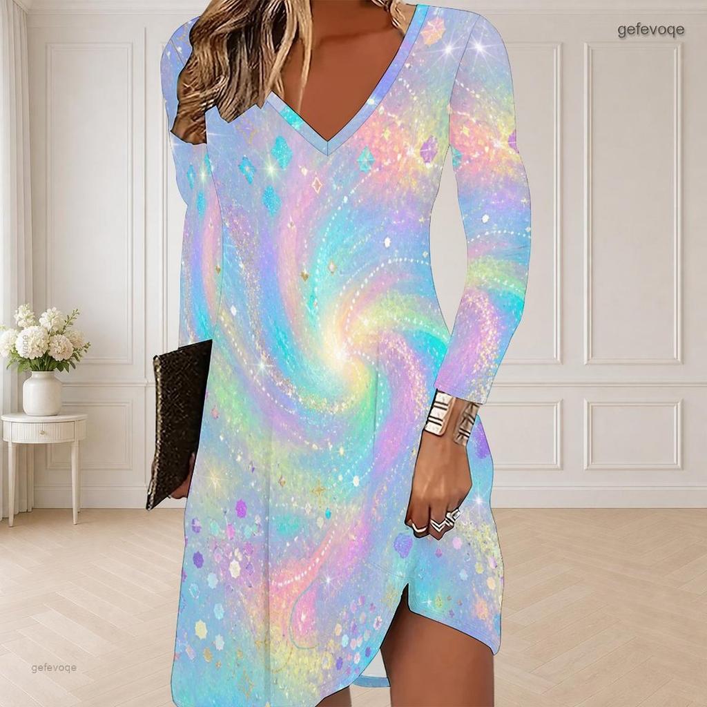 Women Plus Size V Neck Long Sleeve Purple Black Gem Printed Curved Hem Dress