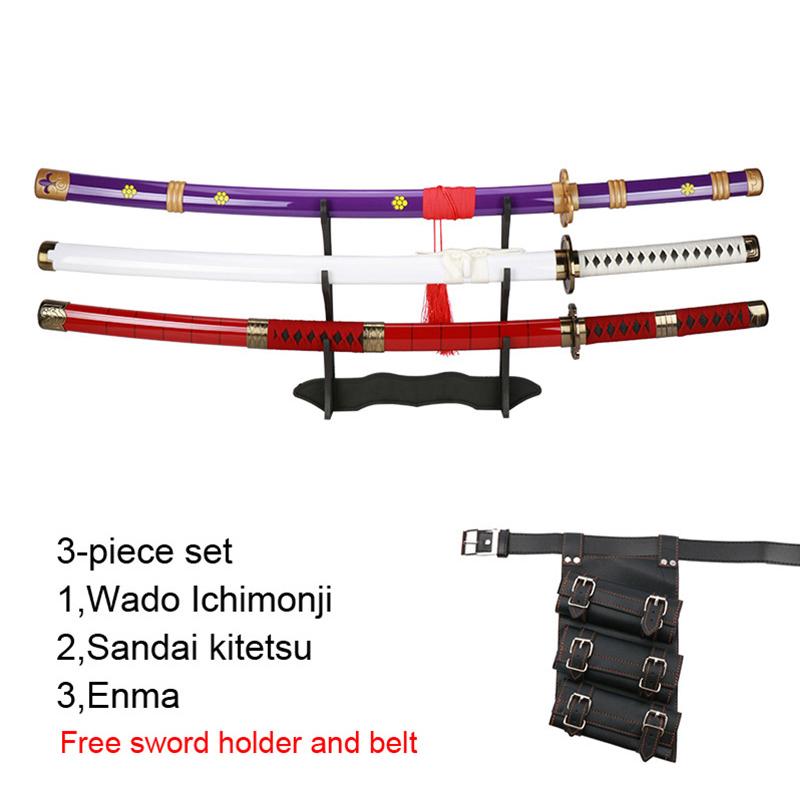Roronoa Zoro Set Katana Tre Pezzi Fatto a Mano Shusui Enma Kitetsu Spade Con Supporto Espositore Gratuito e Cintura Prop Cosplay