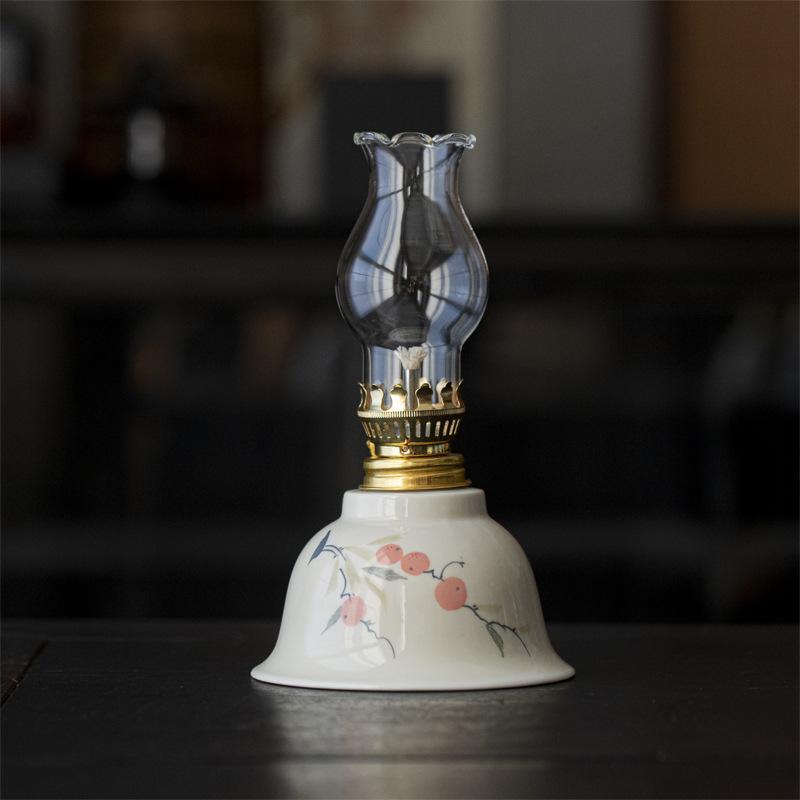 Hand Drawn Floral Retro Kerosenes Lamp Large Capacity Ceramic Butter Lamp Holder Chinese Style Study Bedroom Night Oil Lamp