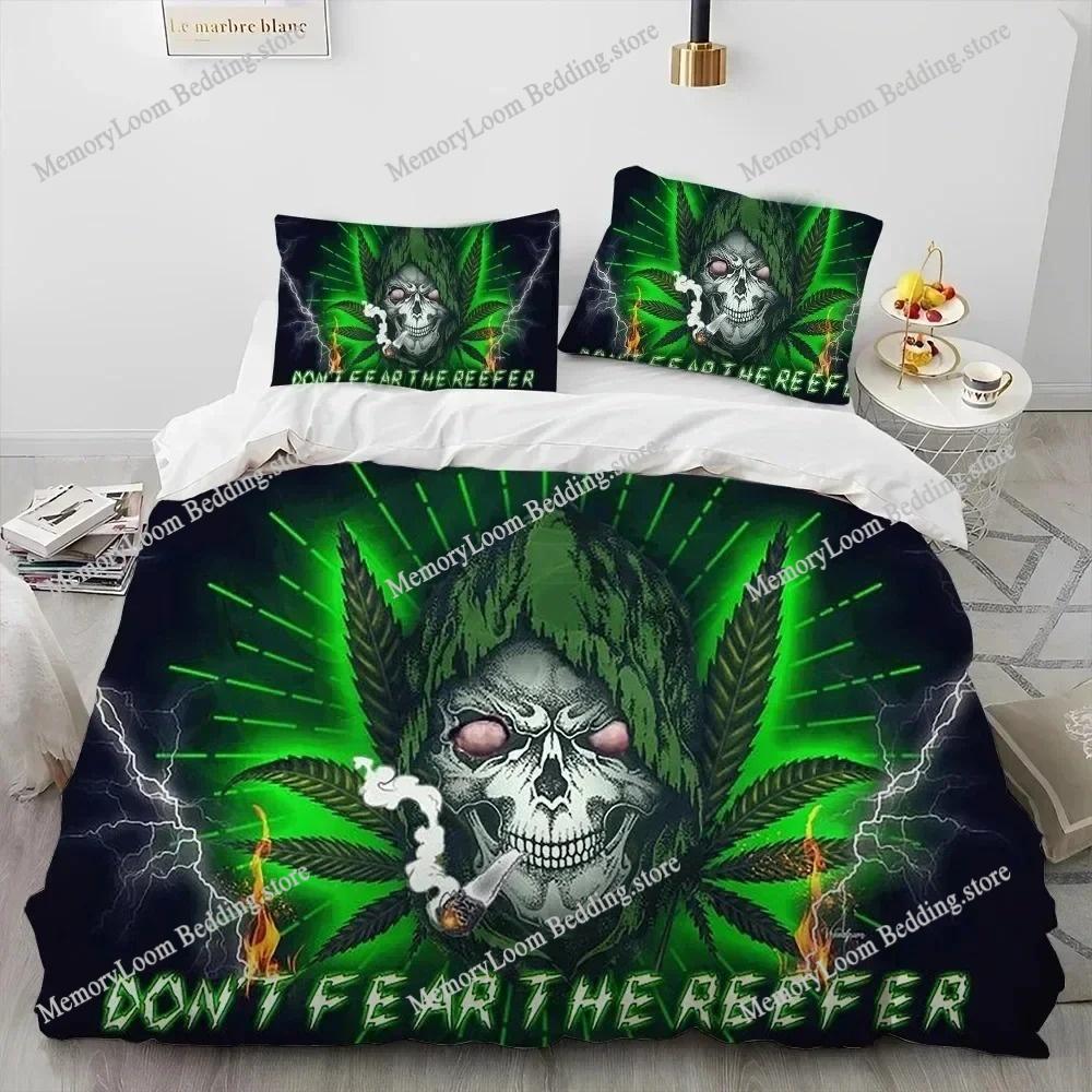 Artwork Unique Maple Weed Plant Green Death Skull Smoke Bedding Set Queen/King Size Duvet Cover Comforter Soft Cozy Home Textile