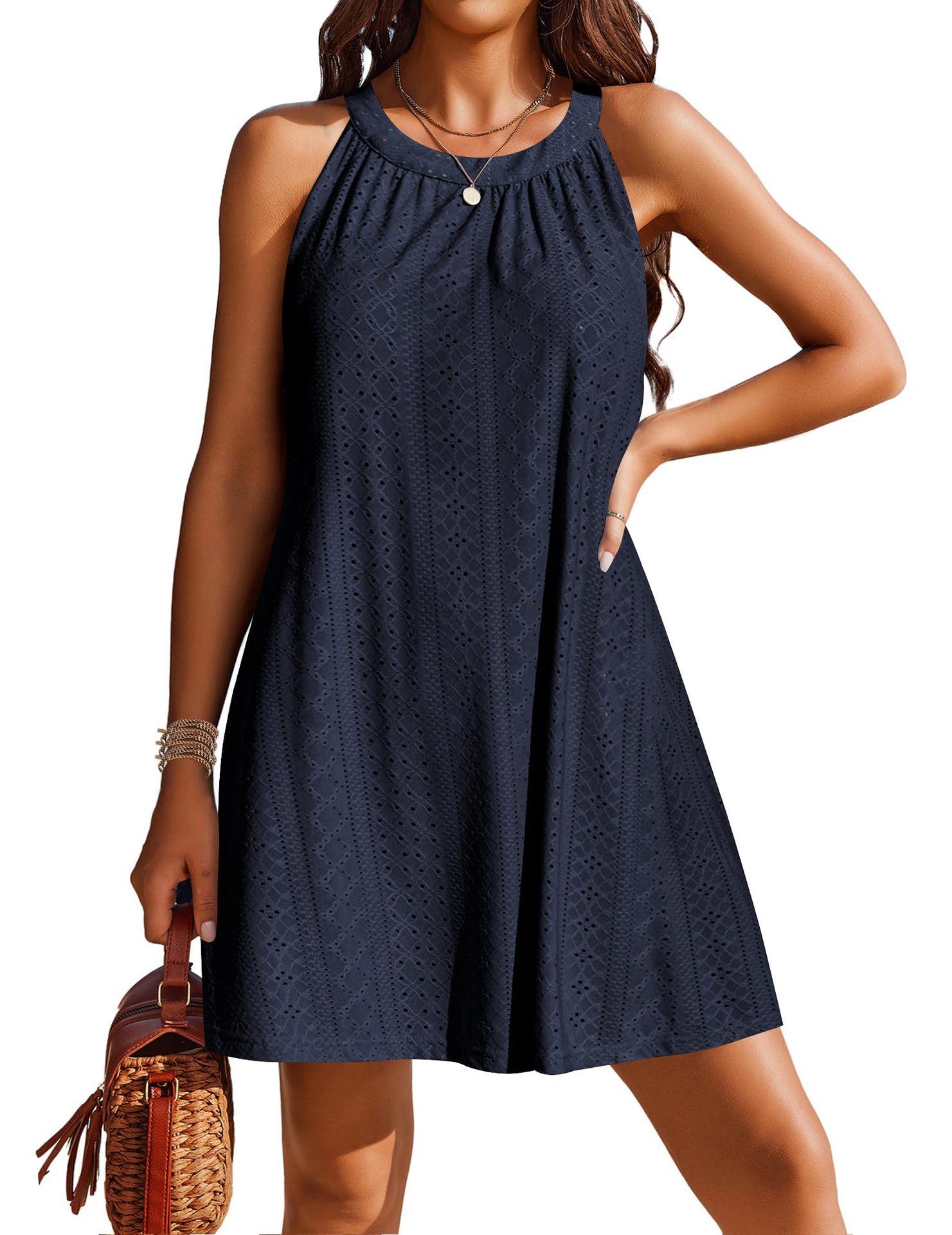 

Женское летнее платье, однотонное платье без рукавов с декором и круглым вырезом, свободное платье на бретельках, дышащее праздничное платье на шнуровке, женская одежда 2XL темно-синий