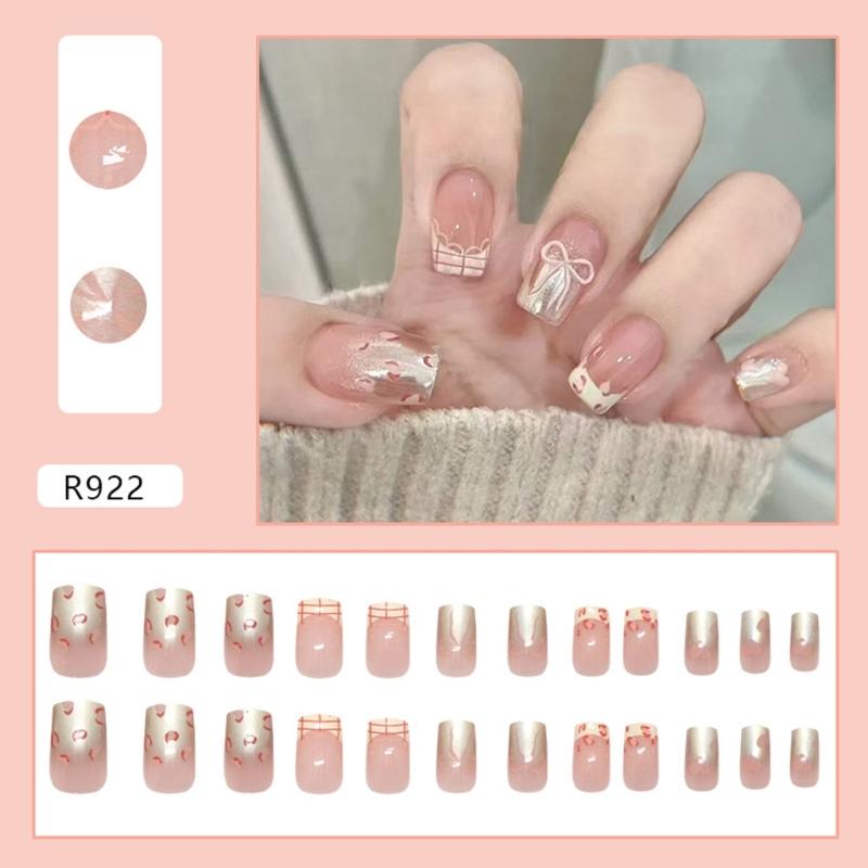 24pcs Acrylic Nail with Bows and Heart Designs Press On Nail Full Cover False Nail Manicure for Parties and Daily Wear