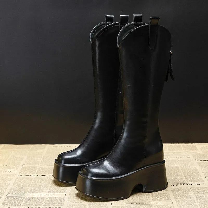 

High quality 11CM Genuine Leather Winter Plush Chelsea Knee High Booties Women Ladies Chimney Famles Boots Fashion Spring Autumn 34