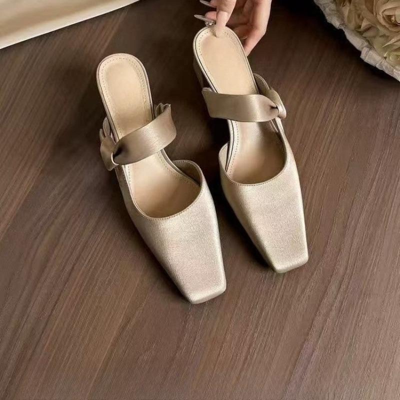 Fashion Fashion Baotou Block Heel Slippers Summer New Square Toe Shallow Cuff Foot Non-slip Wear-resistant Kitten Heel Shoes