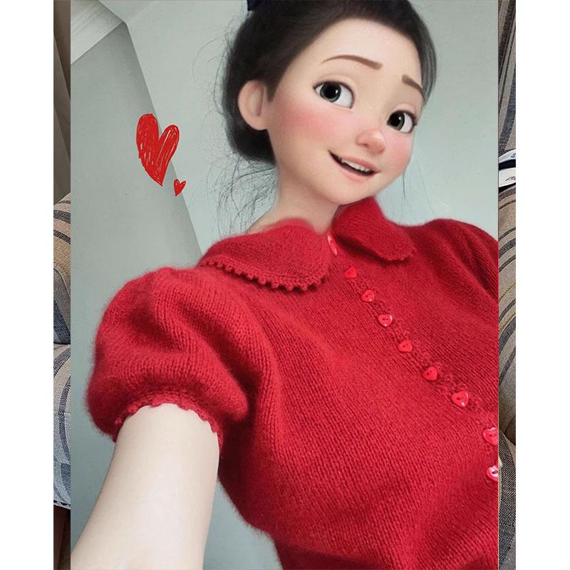 

2023 European Red Knitted Sweater with Bubble Sleeves and Turn-Down Collar Extra Large красный
