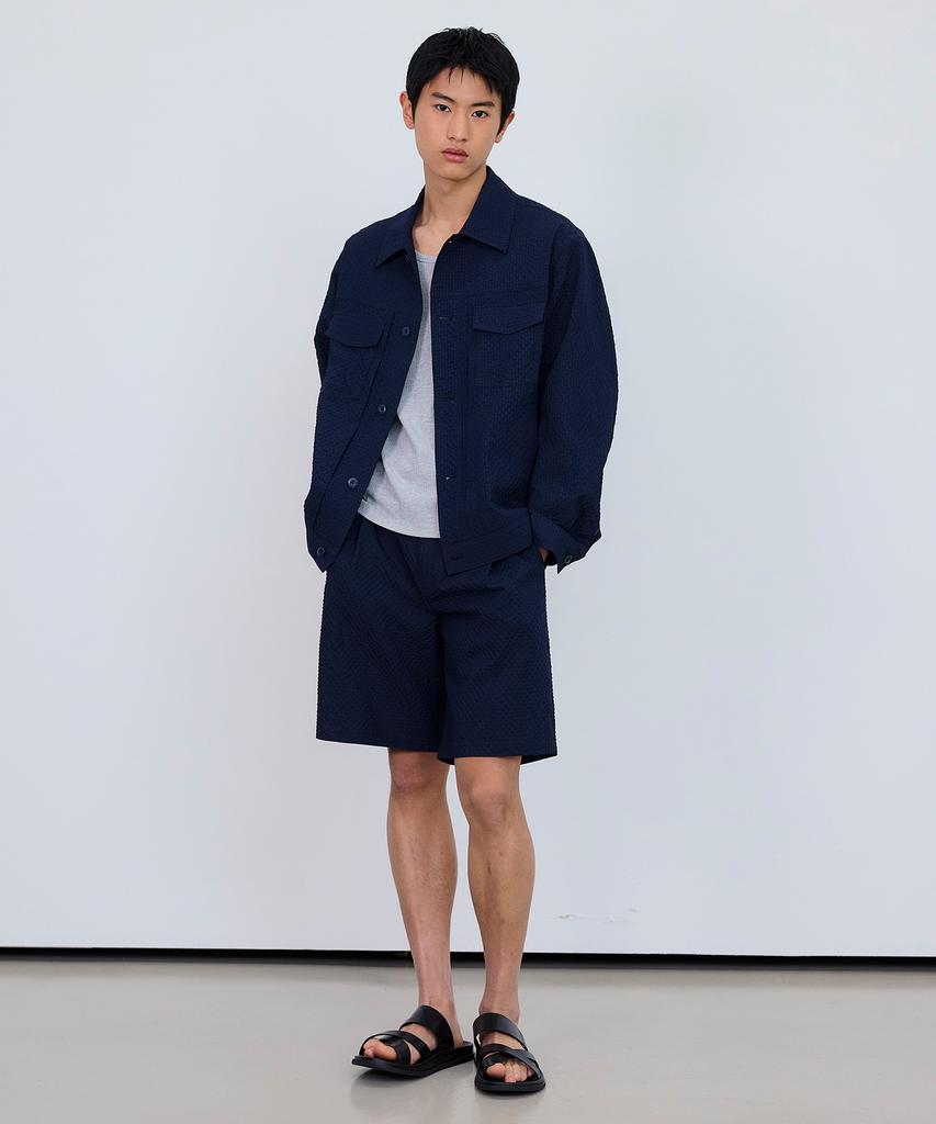 MINDBRIDGE [Couture] Relaxed Fit Seersucker Full Elastic Waist Navy Half Pants