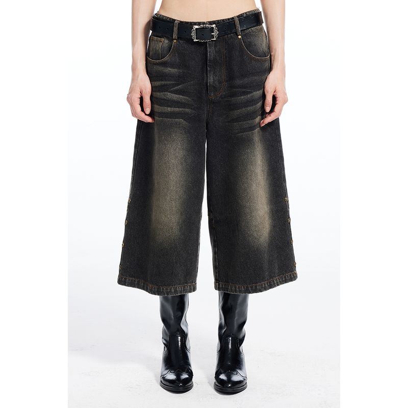

Thelight24 Summer New Arrival Washed Worn Yellow Three-Quarter Length Wide Leg Denim American Retro Men s and Women s Pants Black S