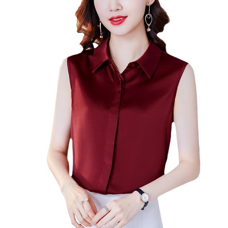Elegant Ladies Shirts Temperament Commuter Career Satin Blouse Women Undershirt Shirt Sleeveless Loose Lapel White Blouse