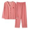 Women's Plus Size Striped Pajama Set with Chest Pads - Long Sleeve & Pants, Korean Style Cardigan for Indoor & Outdoor Wear, Spring/Autumn