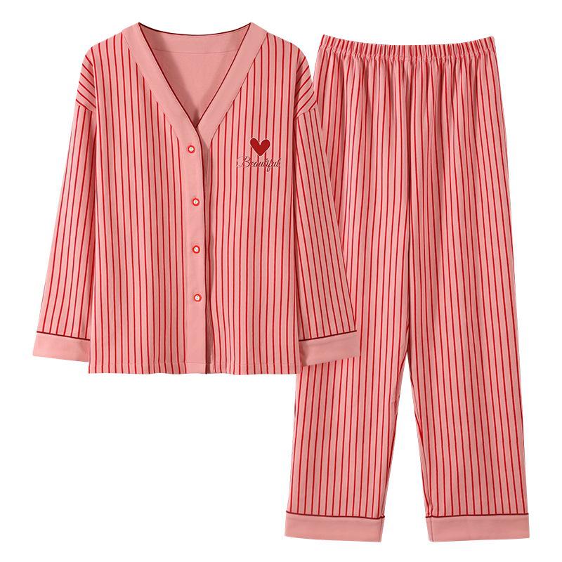 Women's Plus Size Striped Pajama Set with Chest Pads - Long Sleeve & Pants, Korean Style Cardigan for Indoor & Outdoor Wear, Spring/Autumn