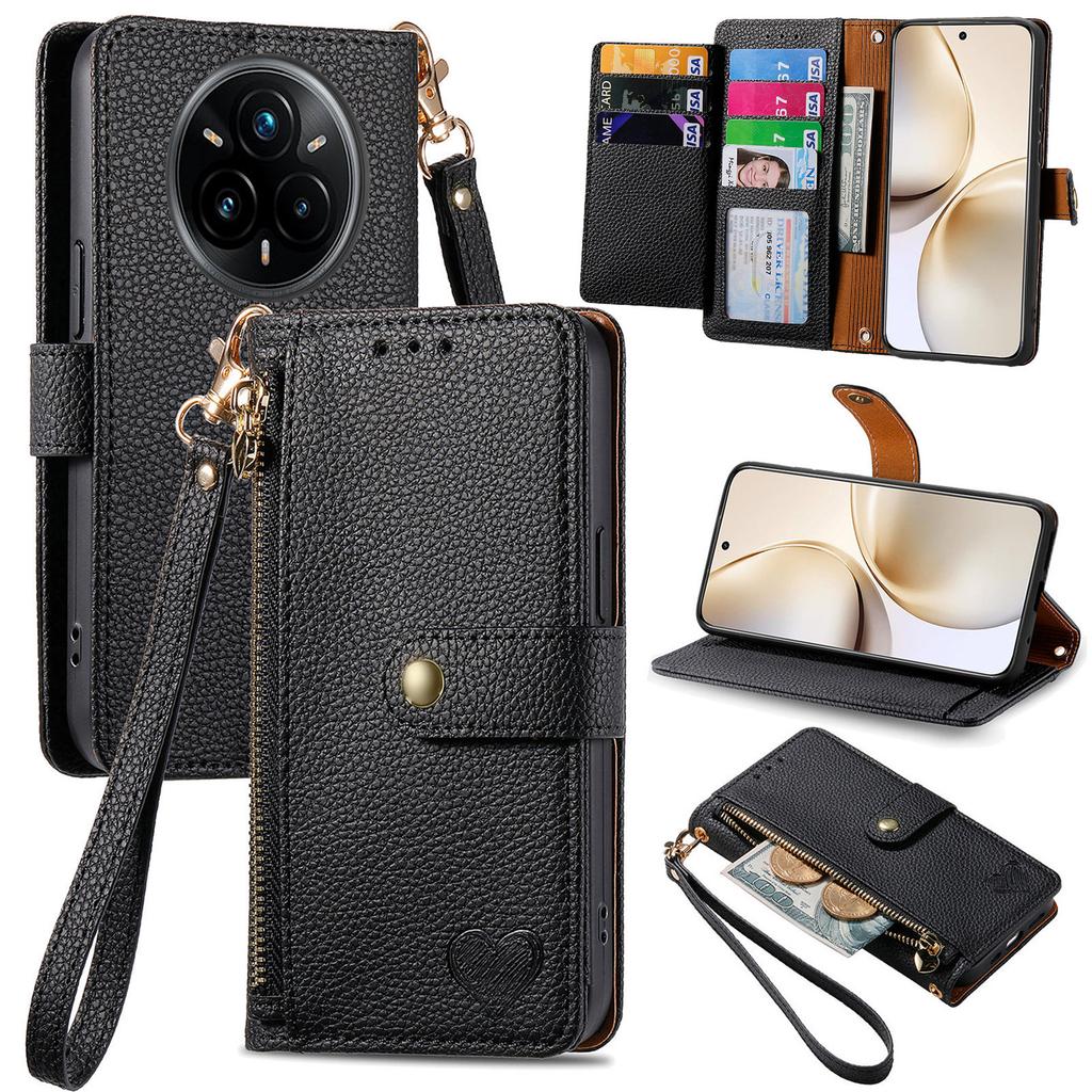 For Realme 14 Pro+ 5G Case RFID Blocking Zipper Pocket Leather Wallet Phone Cover with Strap