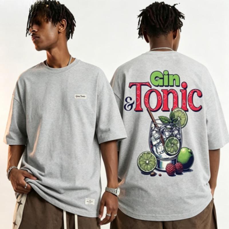 Unisexs Soft Cotton Crew Neck Short Sleeve Tshirt Gin Tonic Lime Fruit Cocktail Print Vintage Loose Fit Casual Daily Male Tee
