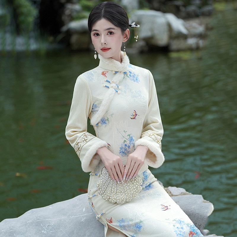 White velvet winter clothing national style new Chinese long-sleeved cheongsam winter thick improved young women's high sense